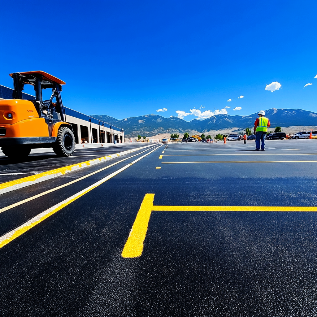 Freshly striped parking lot with mountains in the background